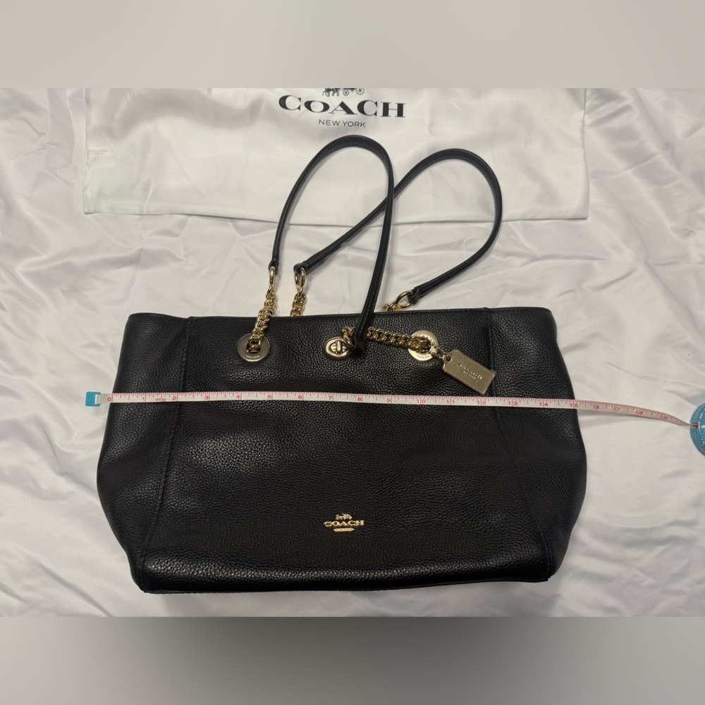 EUC Coach Black Pebbled Leather Turnlock 2 Chain Tote Oxblood Gold Hardware